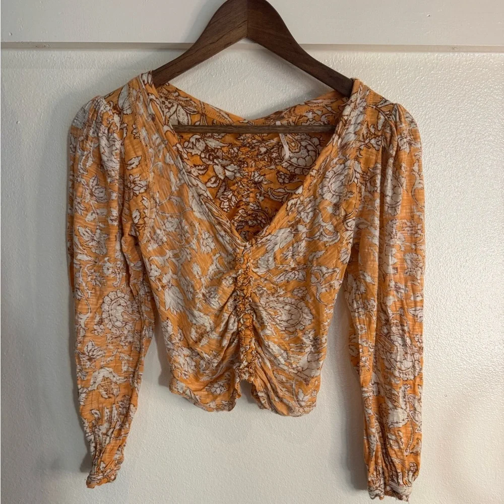 Free People Say The Word Top XS – Blood Orange Floral Ruched Blouse